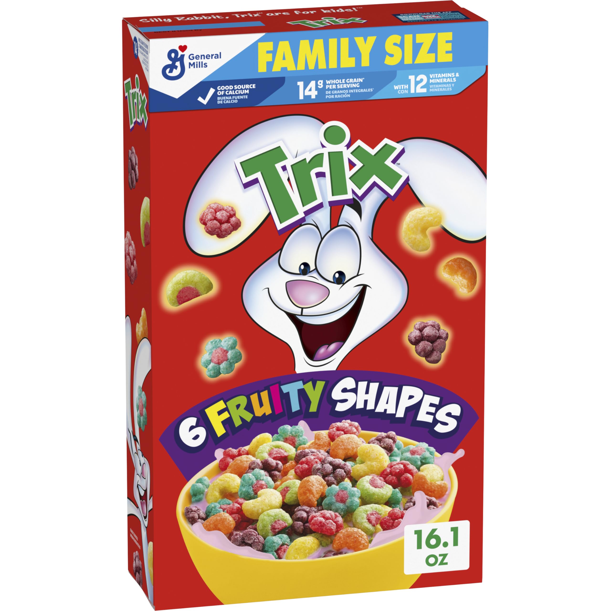 Trix box on kitchen counter showcasing colorful shapes for a quick family breakfast.