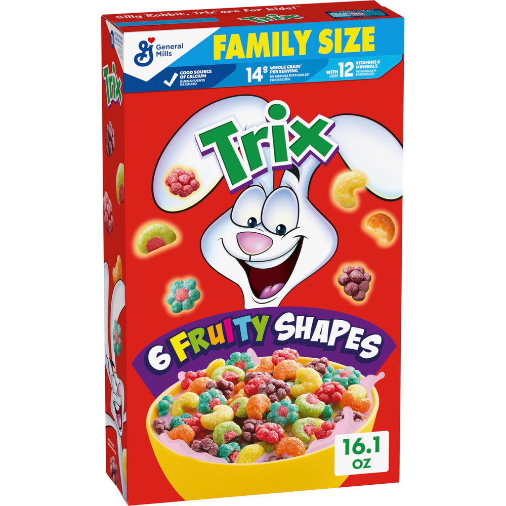 Trix box on kitchen counter showcasing colorful shapes for a quick family breakfast.