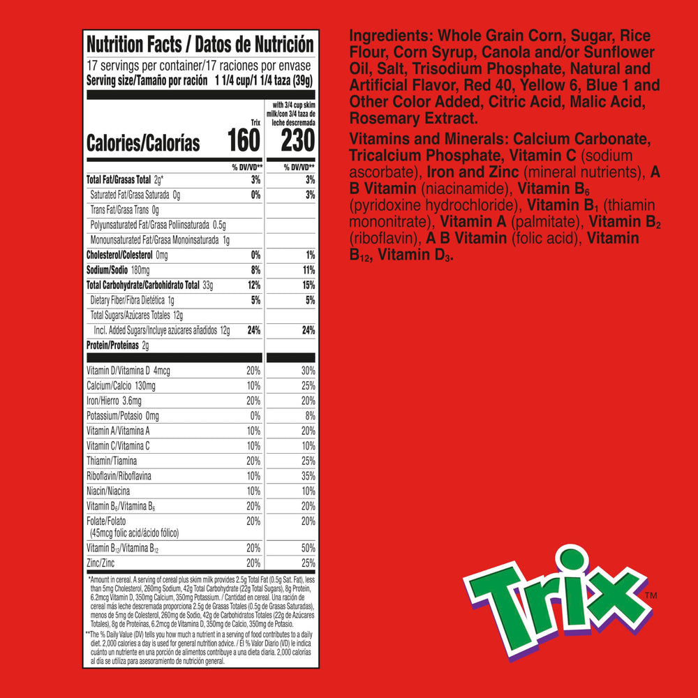 Trix fruity shapes cereal puffs deliver playful flavor for kids.