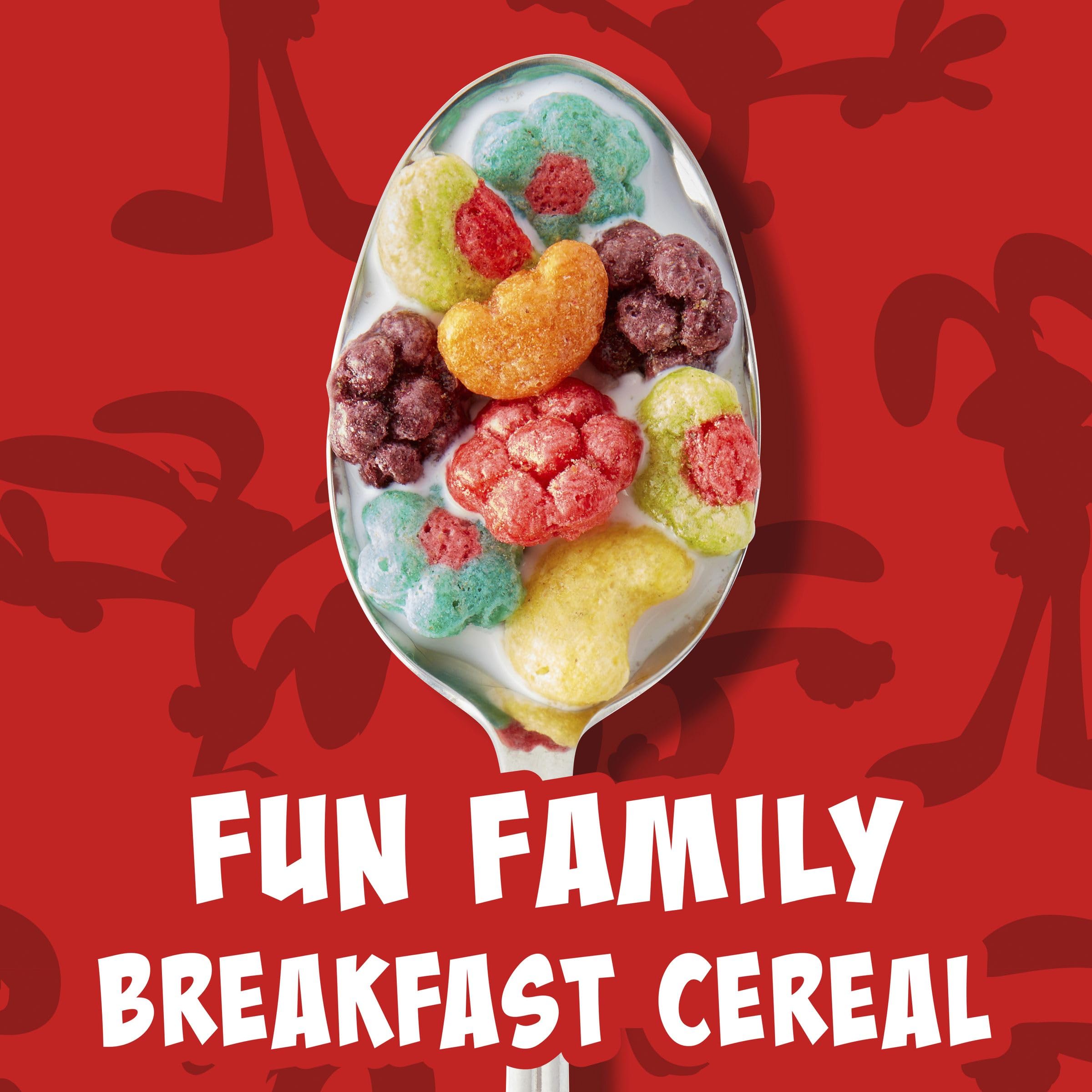 Kids pouring Trix from box into a colorful breakfast bowl.
