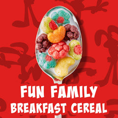 Kids pouring Trix from box into a colorful breakfast bowl.