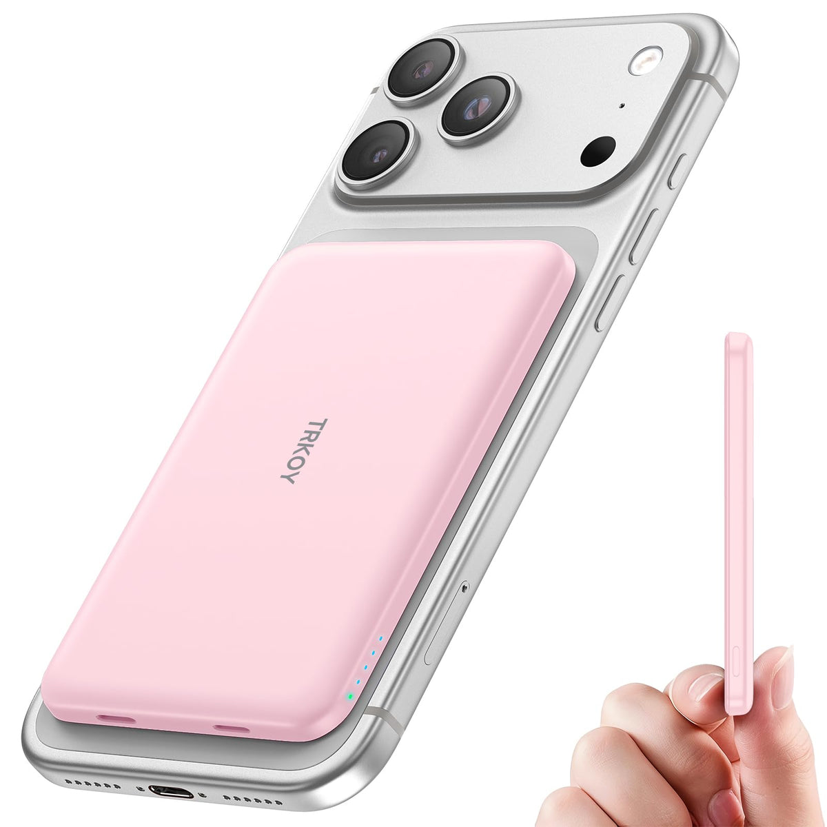 TRKOY MagSafe 5000mAh pink front view showing secure magnetic attachment for hands-free charging