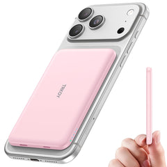 TRKOY MagSafe 5000mAh pink front view showing secure magnetic attachment for hands-free charging