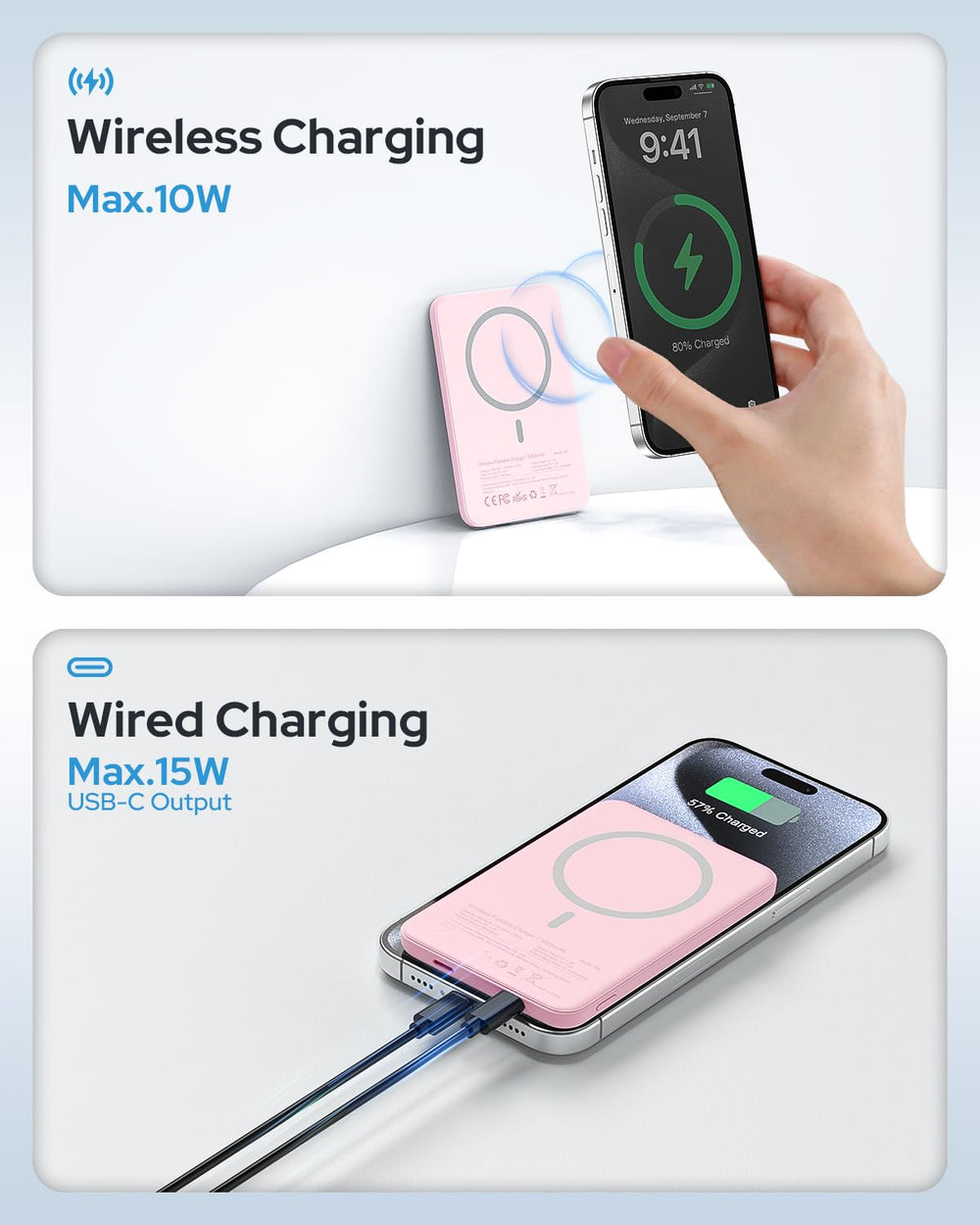 TRKOY MagSafe 5000mAh pink USB-C port enables fast wired charging to other devices