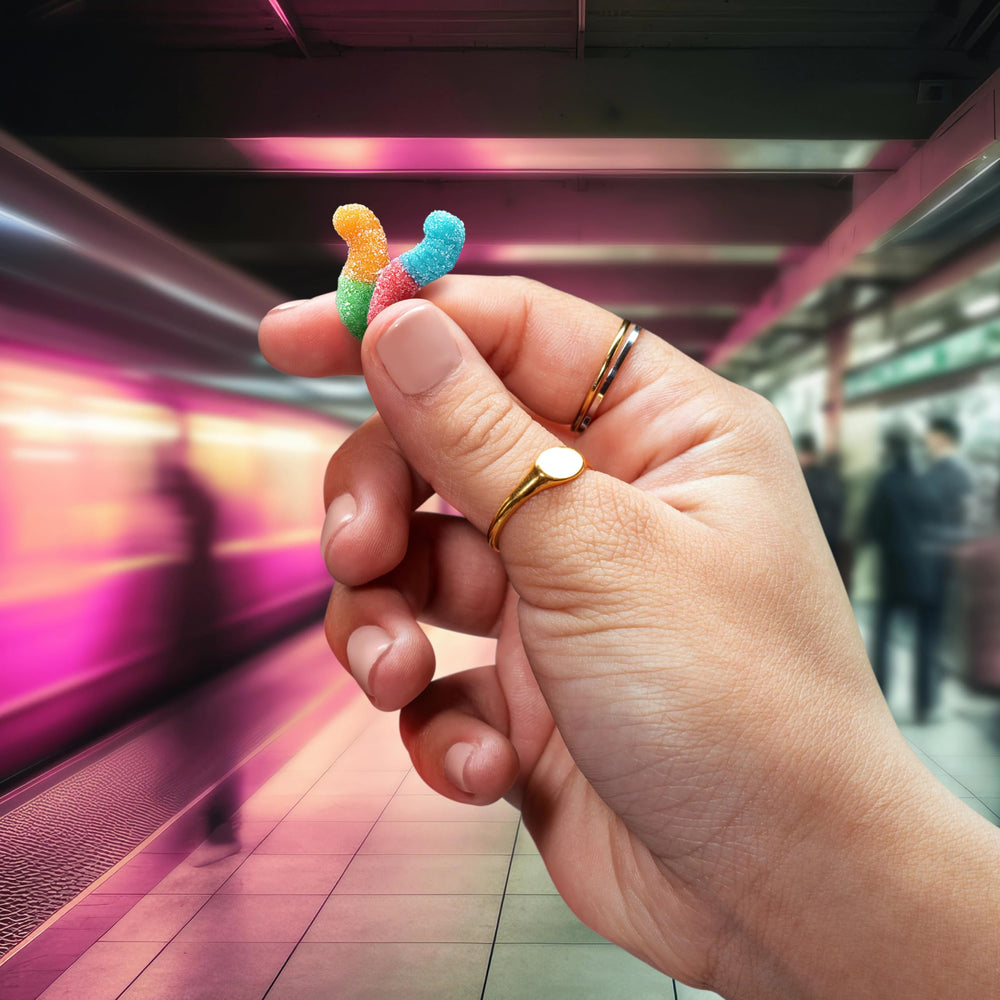 Hand holding Trolli Minis for on-the-go snacking