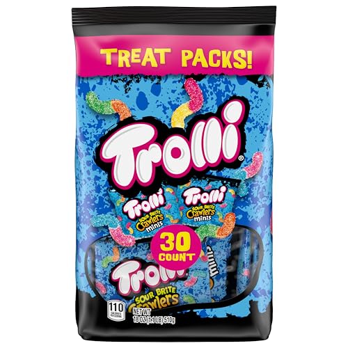 Close-up of chewy texture of Trolli Mini Sour Brite Crawlers