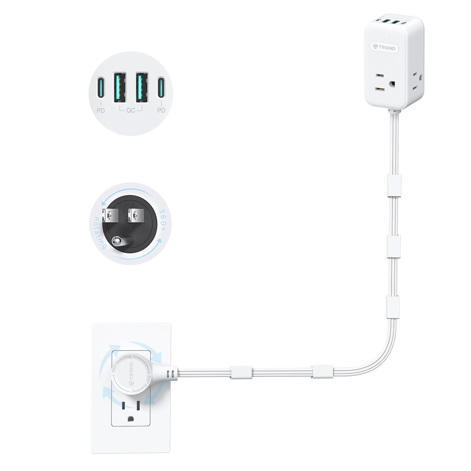 TROND 360 rotating outlet extender behind a sofa offers easy access to power