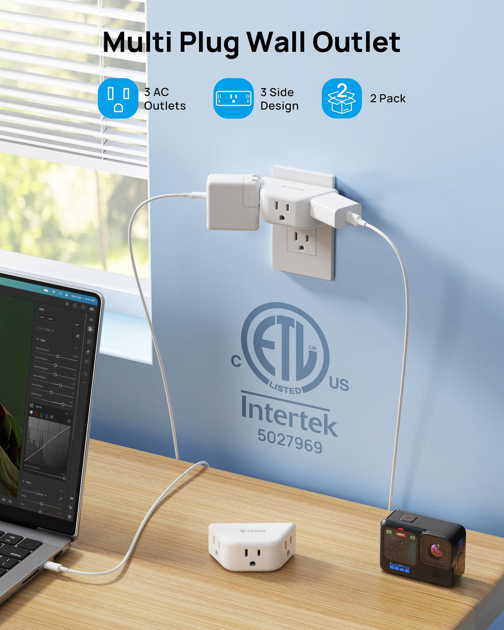 TROND trapezoid design outlet extender keeps bulky plugs accessible.