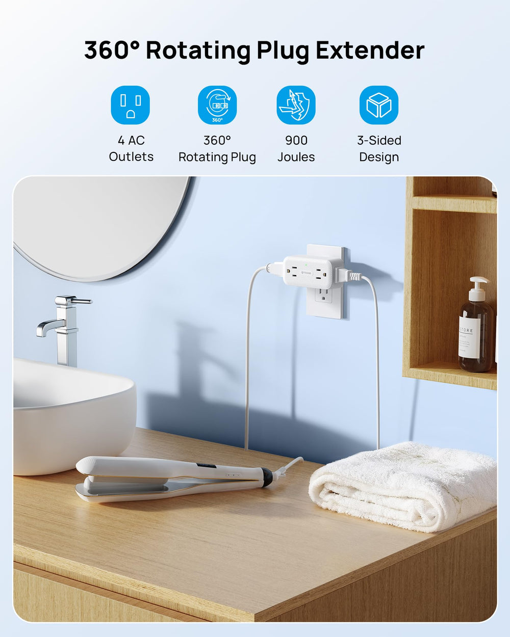 TROND four-outlet adapter spreads power across three sides to save space