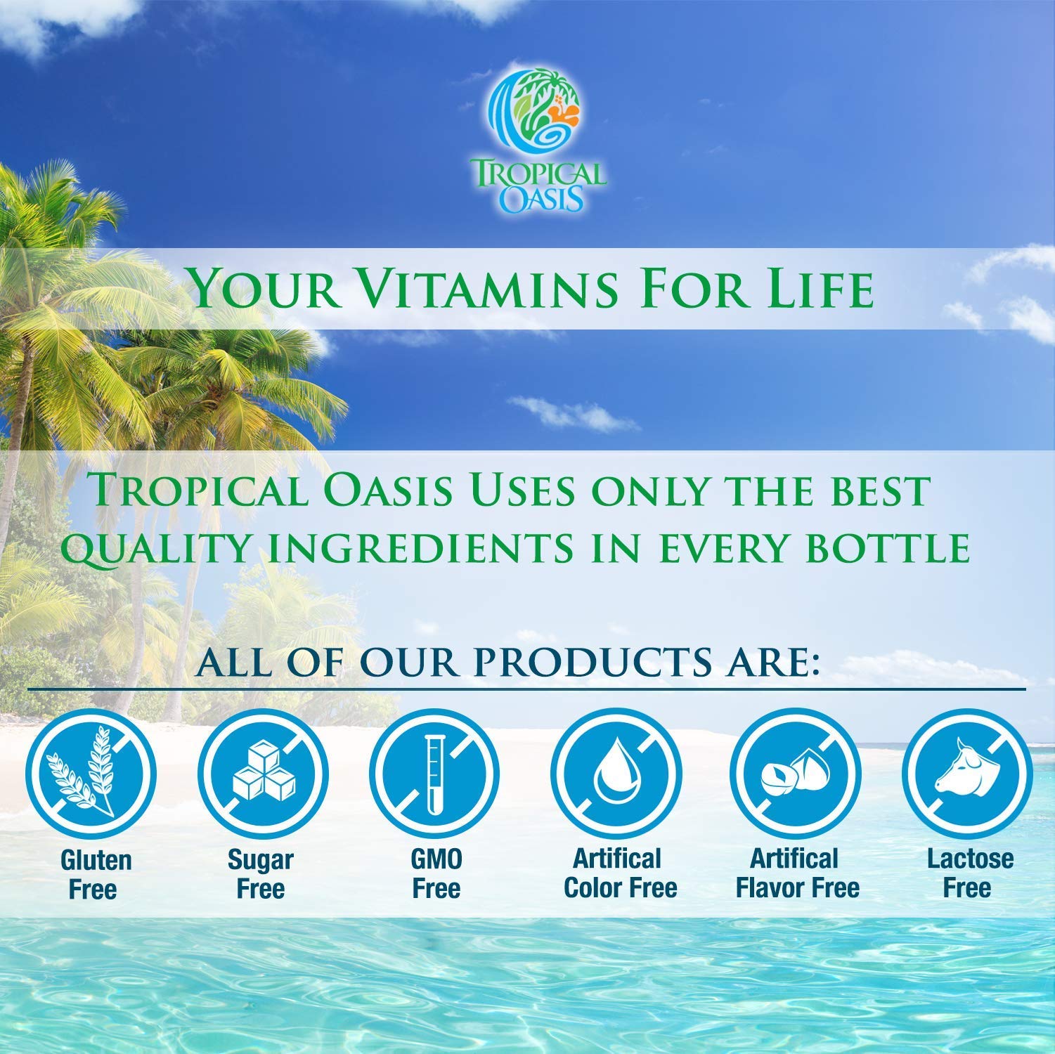 Tropical Oasis bottle on a modern kitchen shelf for daily wellness.
