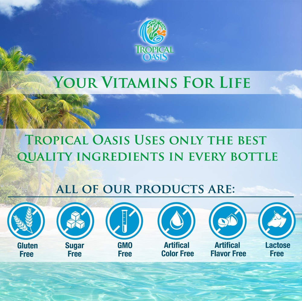Tropical Oasis bottle on a modern kitchen shelf for daily wellness.