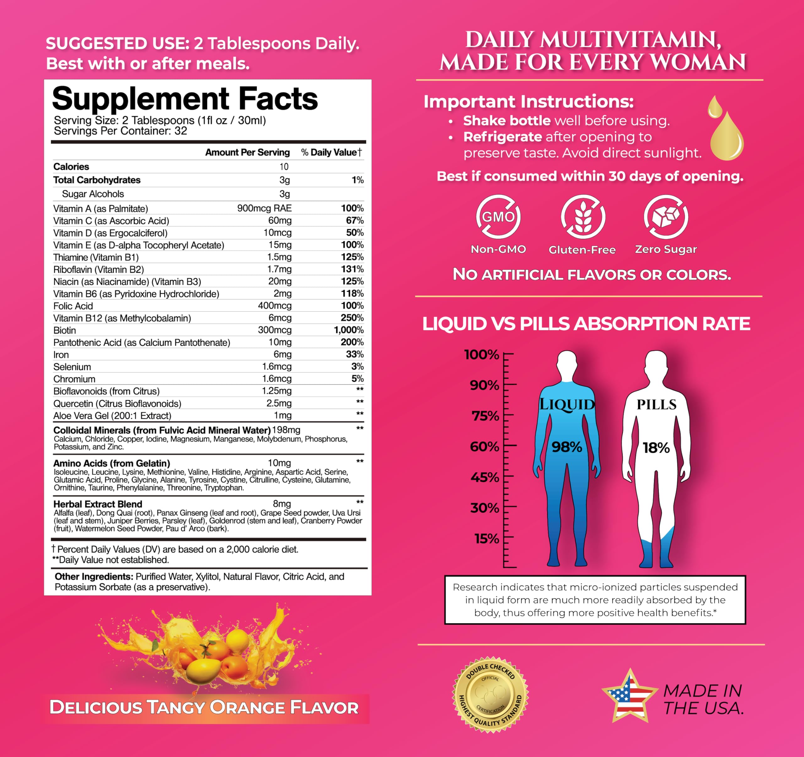 Tropical Oasis Women's Liquid Multivitamin being poured for daily vitality.