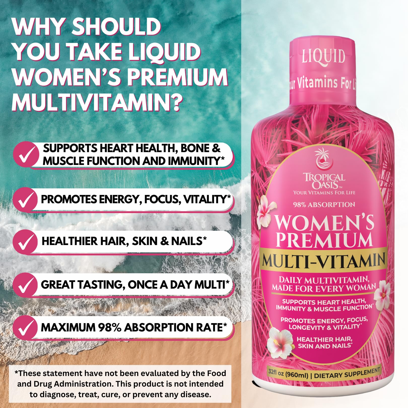 Tropical Oasis bottle shows 32 servings and 98% absorption claim.