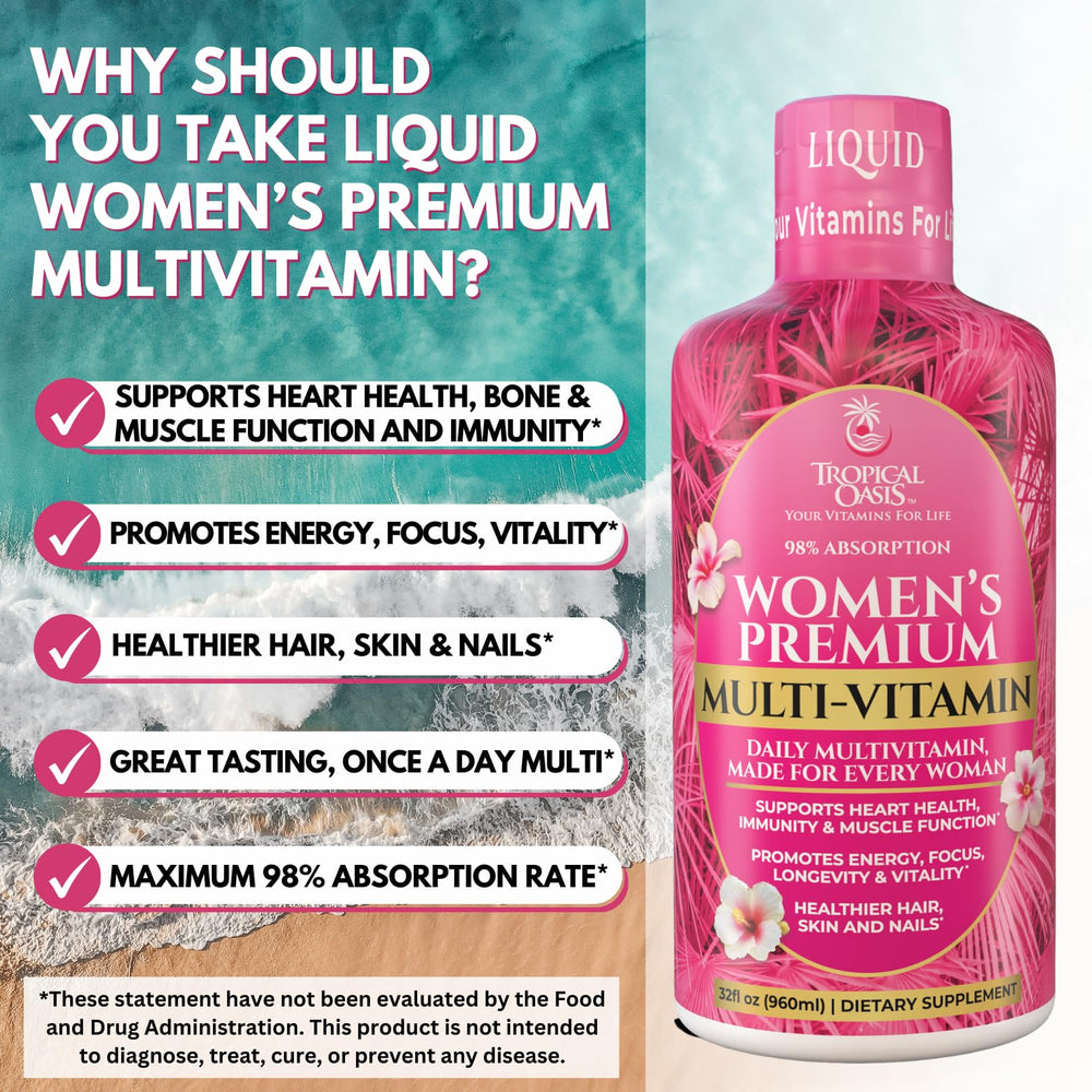 Tropical Oasis bottle shows 32 servings and 98% absorption claim.