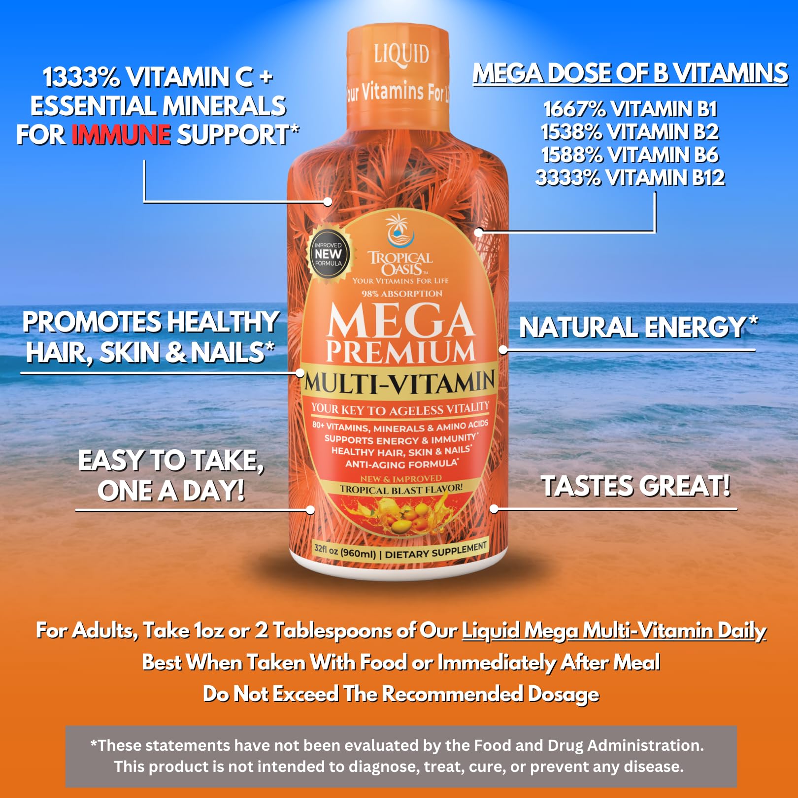 Tropical Oasis Mega Premium nutrition facts label on packaging