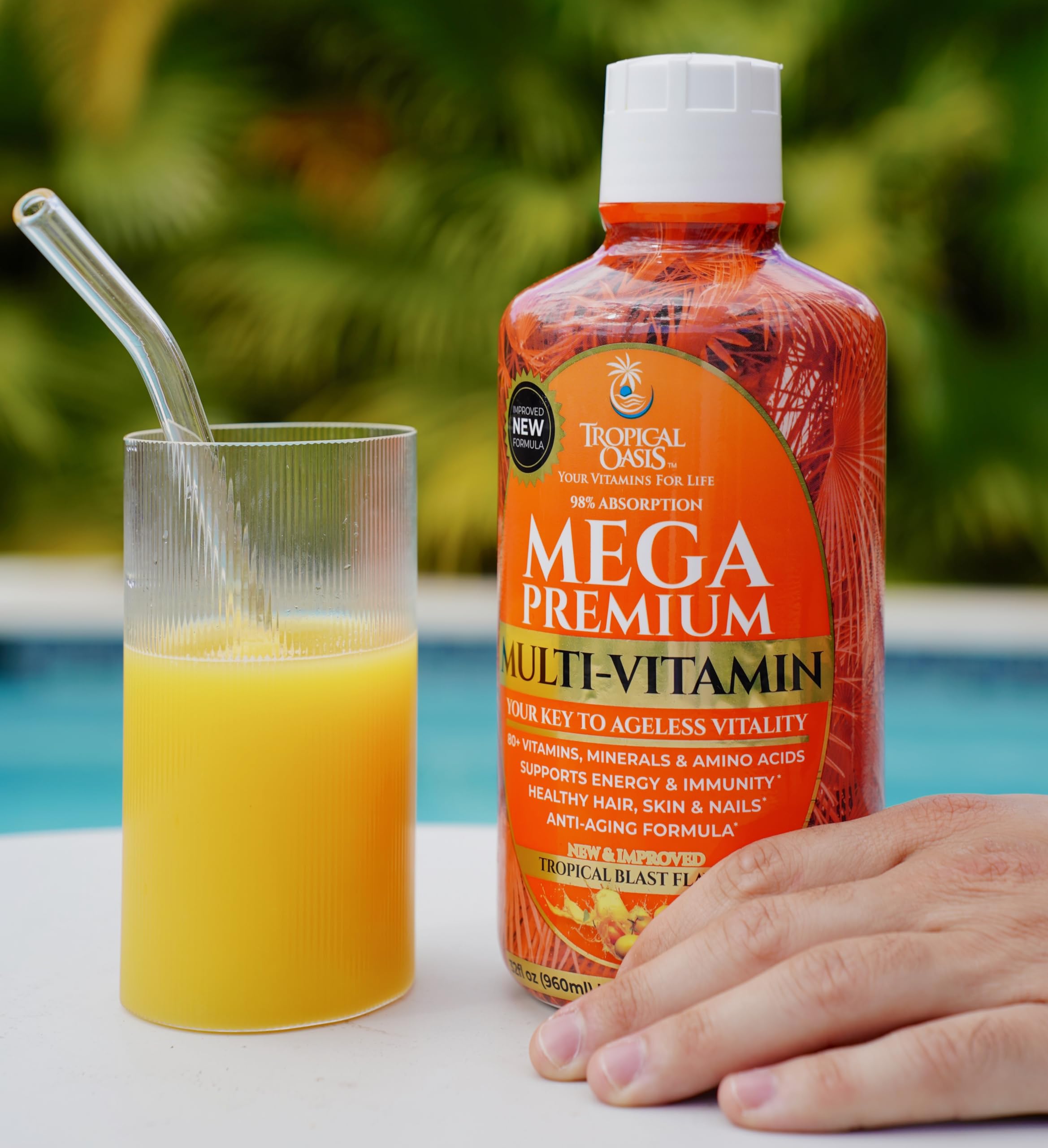 Tropical Oasis Mega Premium usage scene with glass and water