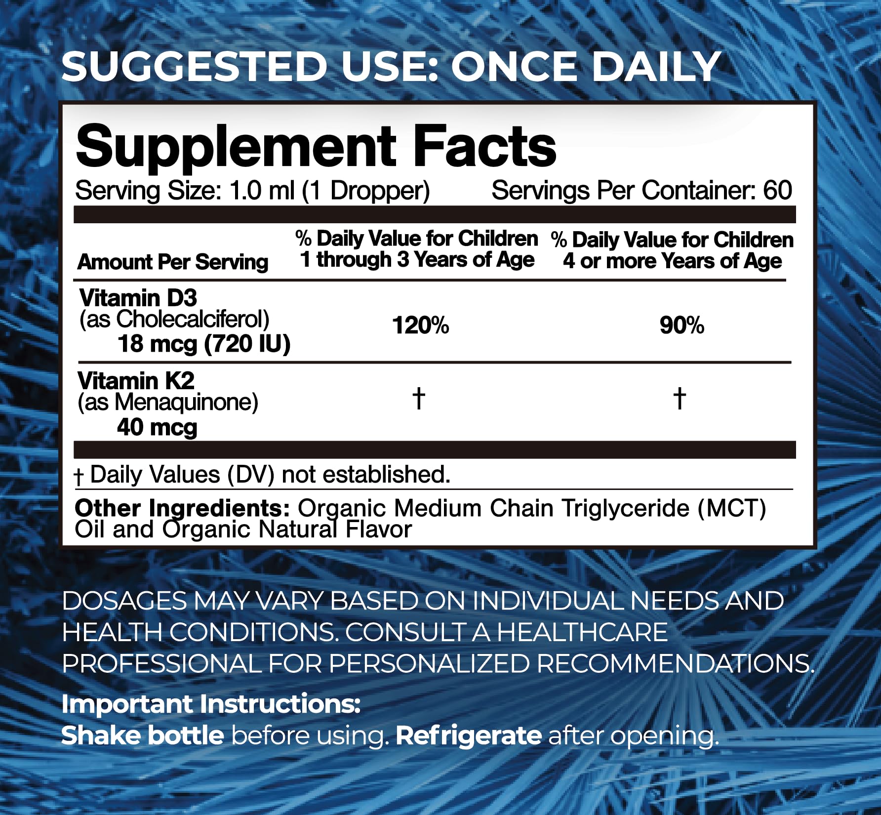 Tropical Oasis organic D3 K2 drops label highlights vegan, non-GMO formula.