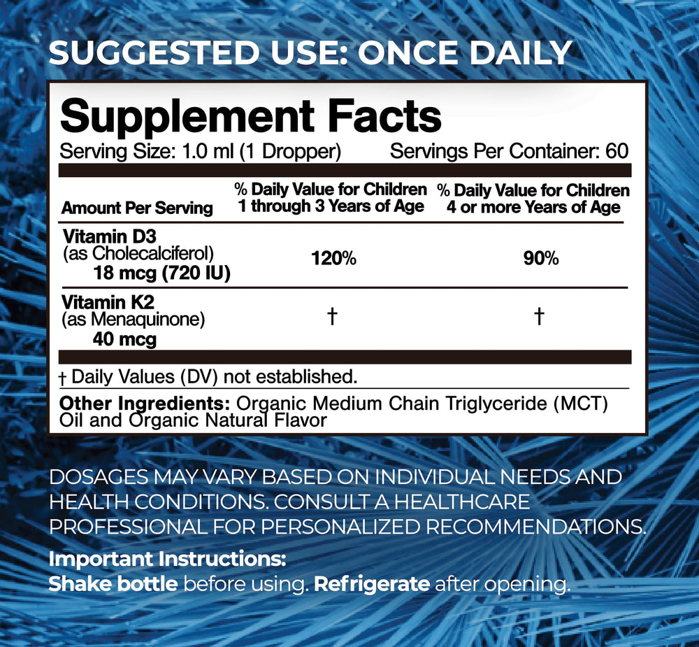 Tropical Oasis organic D3 K2 drops label highlights vegan, non-GMO formula.