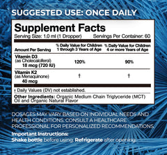 Tropical Oasis organic D3 K2 drops label highlights vegan, non-GMO formula.