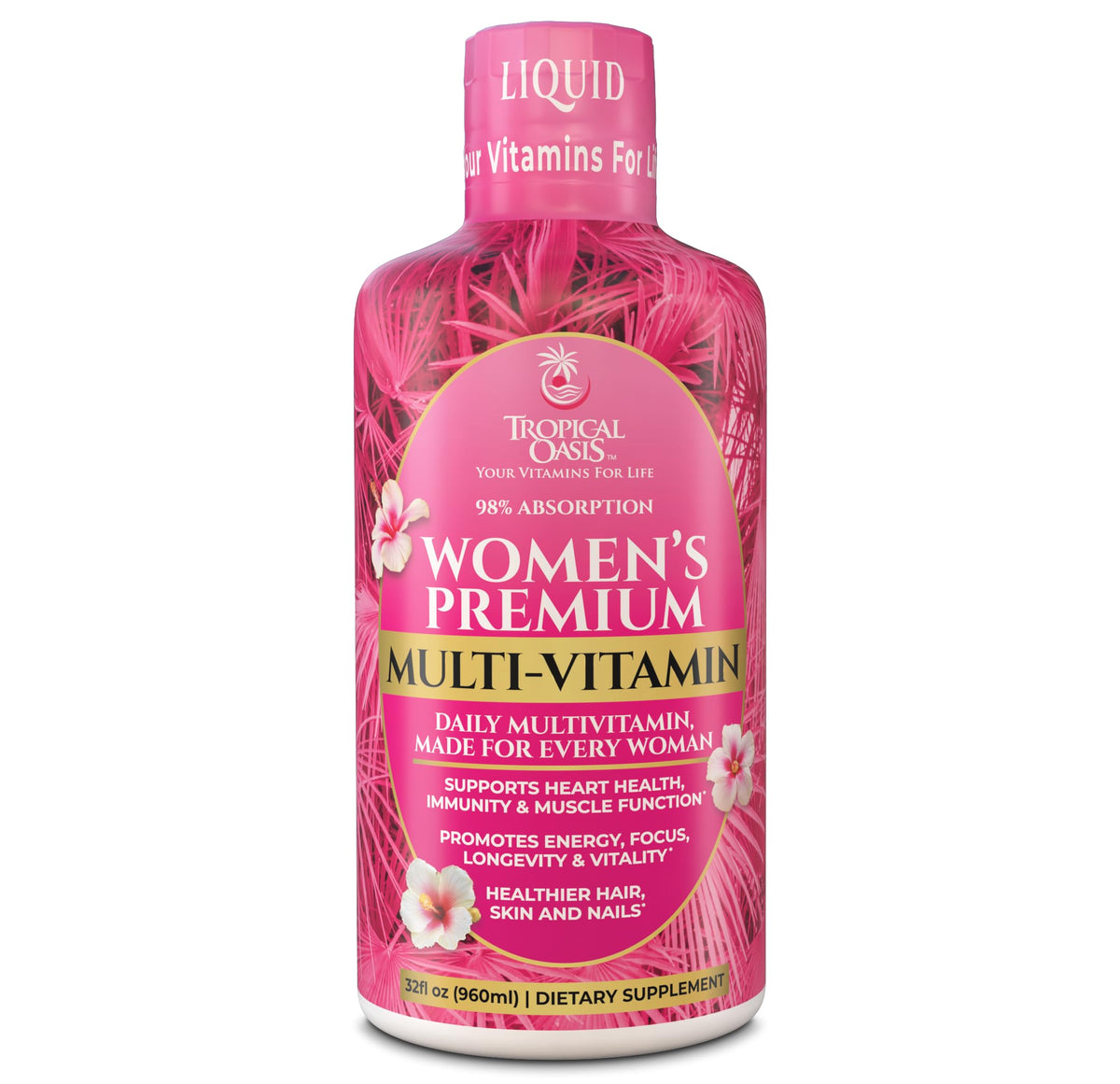 Tropical Oasis Premium Liquid Multivitamin bottle on a kitchen counter, supporting daily energy.