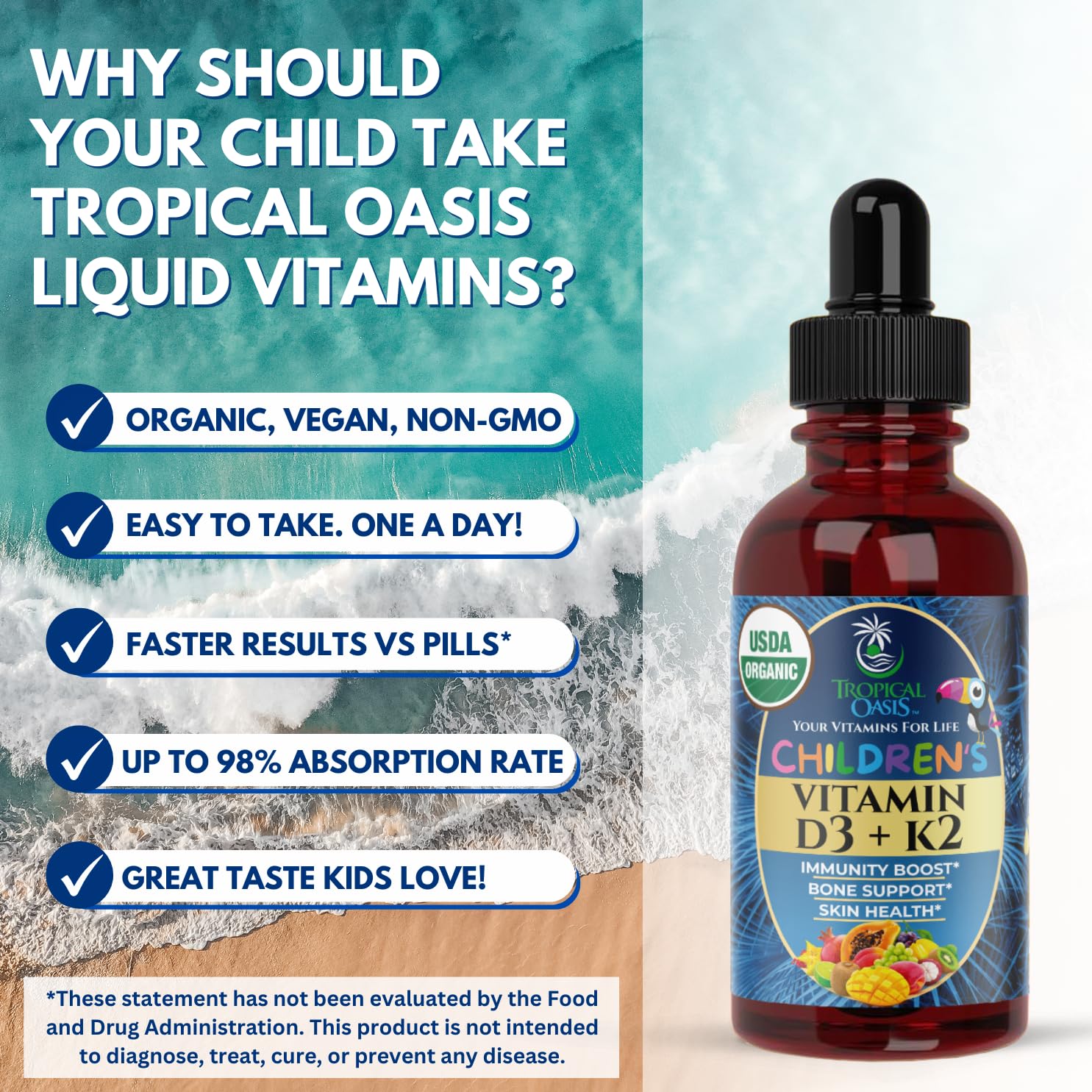Tropical Oasis vegan non-GMO drops emphasize plant-based ingredients.