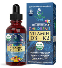 Tropical Oasis vitamin D3 K2 drops for kids bottle supports calcium absorption.