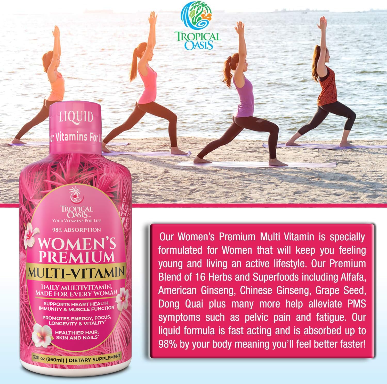 Tropical Oasis Women’s Premium Multivitamin ingredients label highlighting 110+ ingredients.