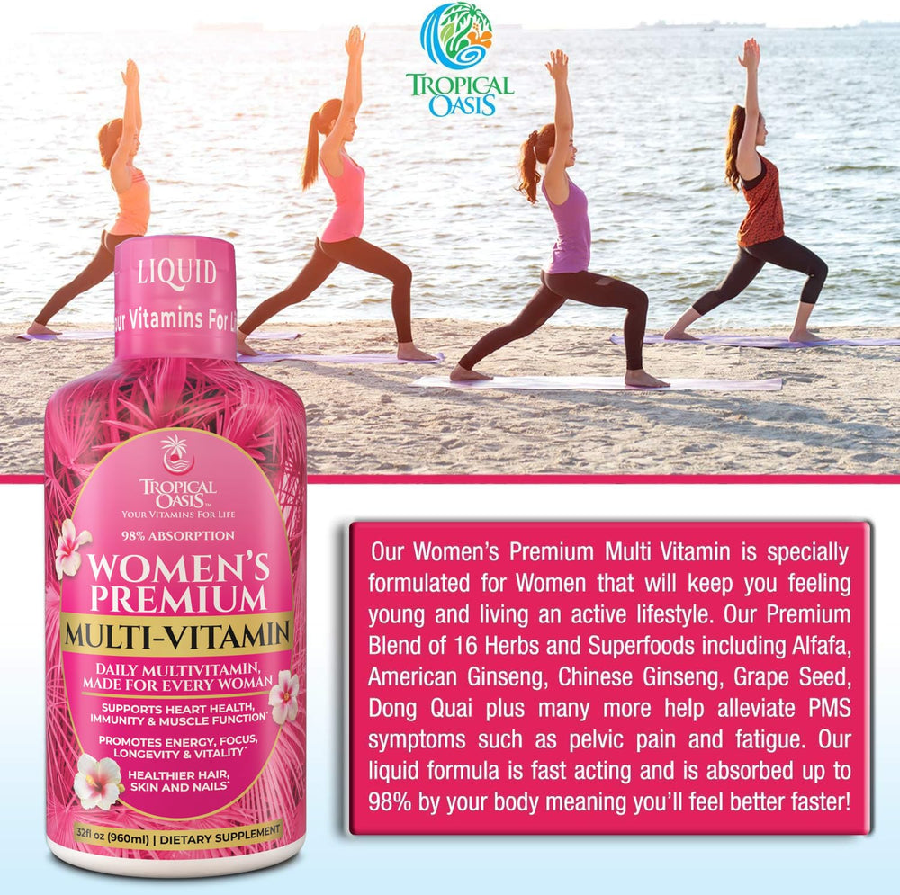 Tropical Oasis Women’s Premium Multivitamin ingredients label highlighting 110+ ingredients.