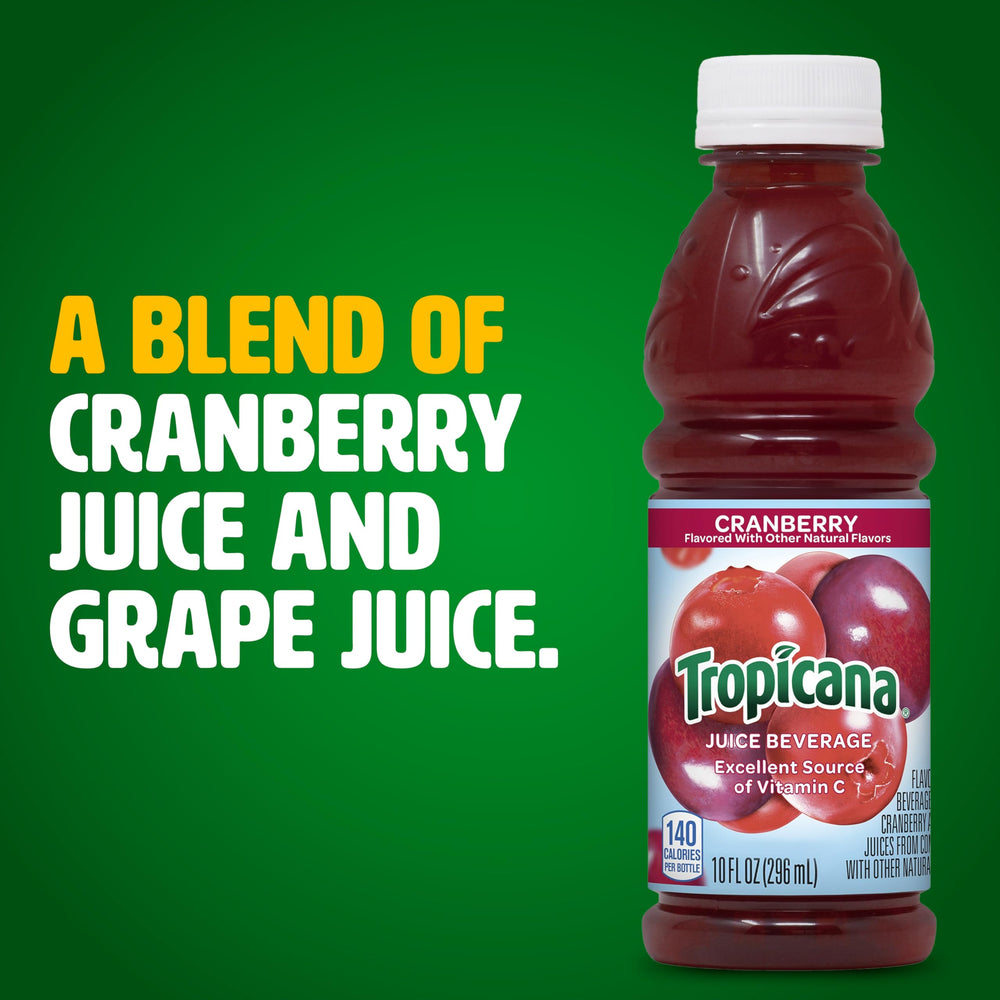Tropicana Cranberry Juice bottle close-up on label highlights vitamin C.