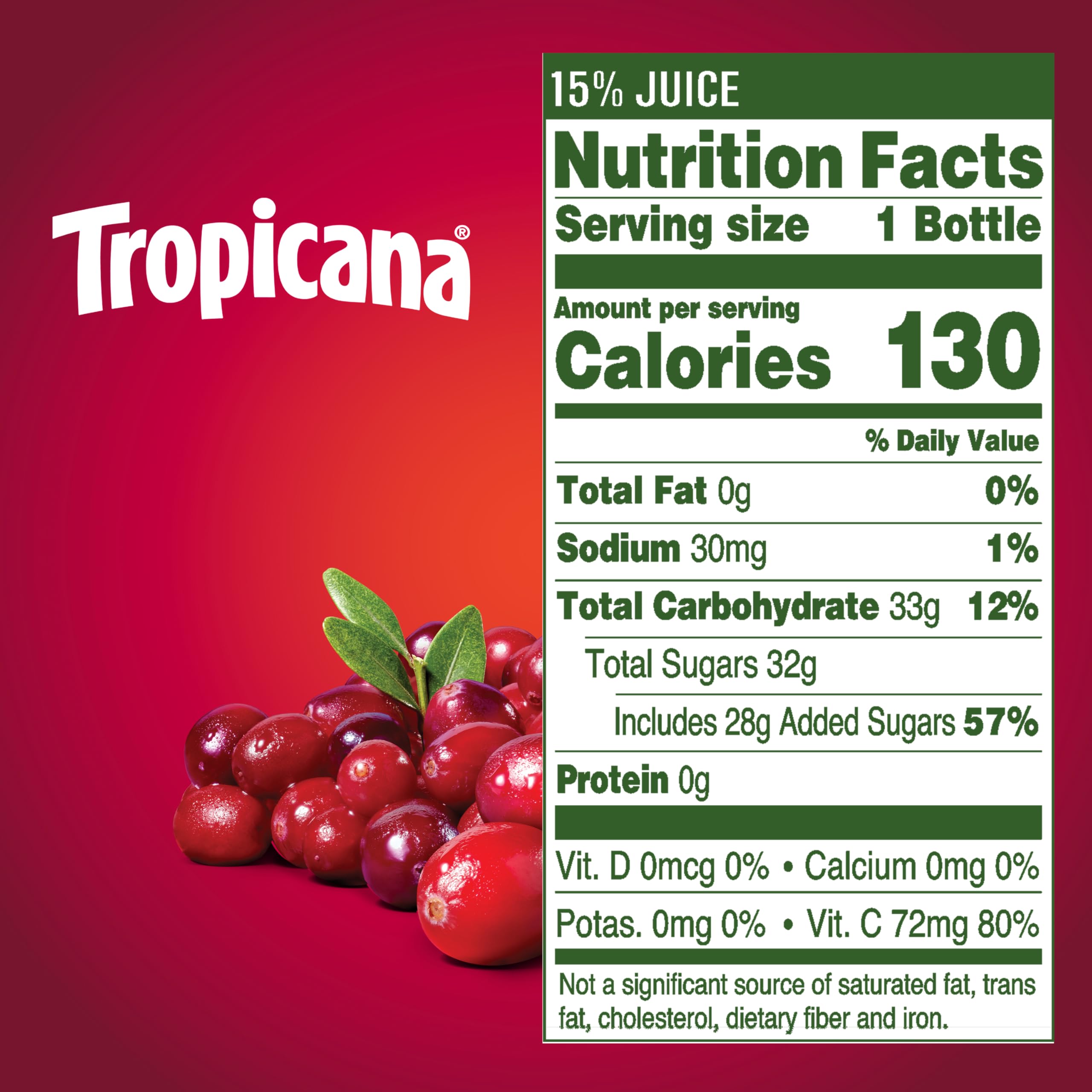 Tropicana Cranberry Juice bottle pour shows tart-sweet finish.