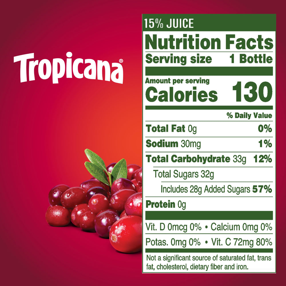 Tropicana Cranberry Juice bottle pour shows tart-sweet finish.