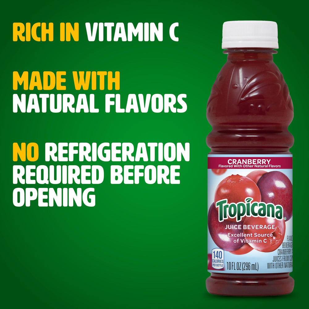 Tropicana Cranberry Juice serving glass reveals vibrant red color.