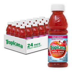 Tropicana Fruit Medley juice bottle showcases real fruit flavors with no added sugar