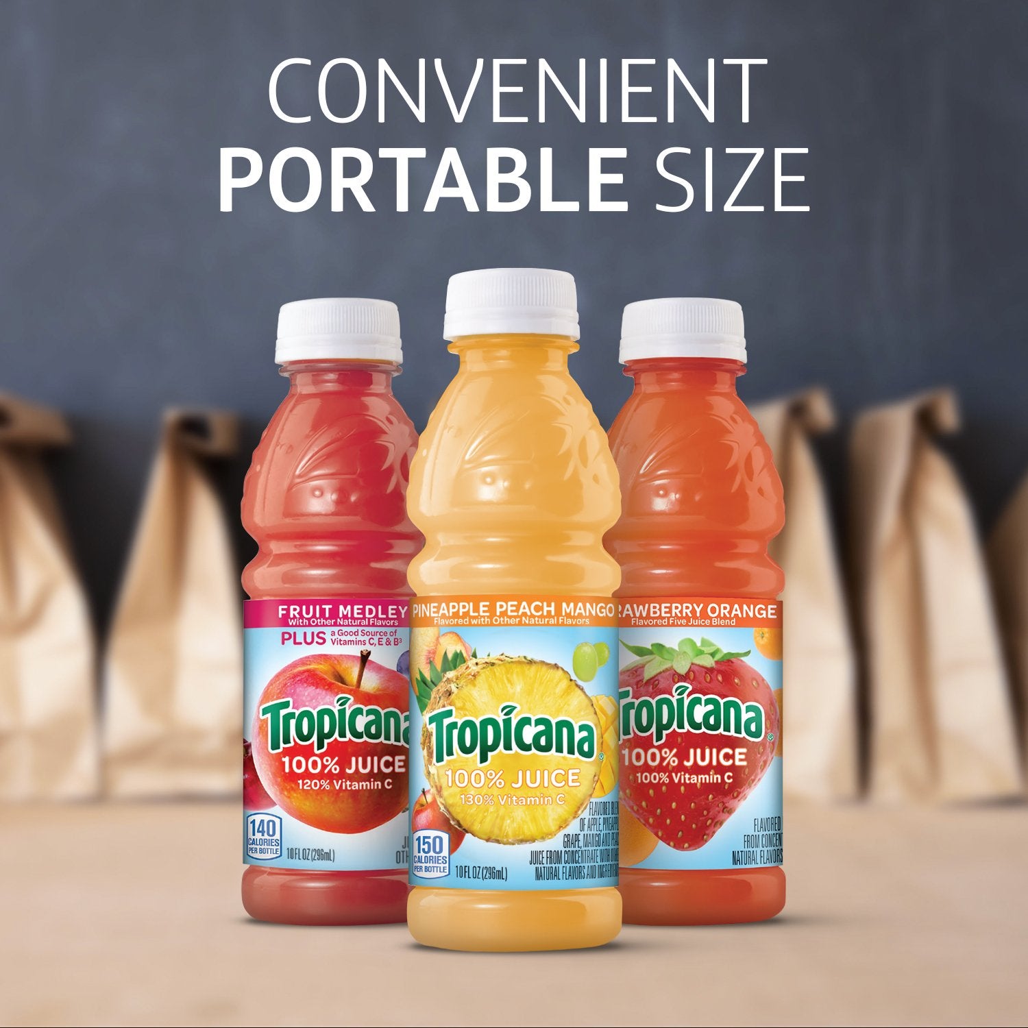 Tropicana lunchbox-friendly 10oz bottle ready for school or work.