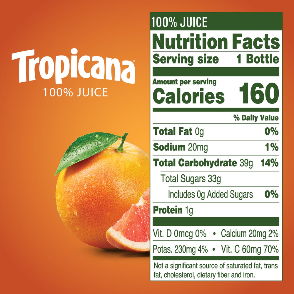 Tropicana Ruby Red Grapefruit juice bottle side view highlighting portable size