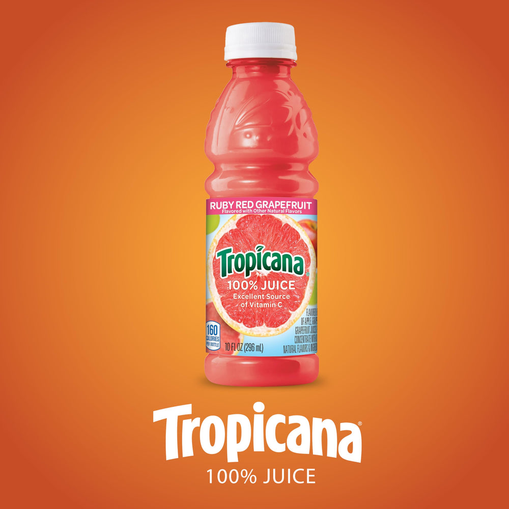 Tropicana Ruby Red Grapefruit juice bottle close up reveals vibrant color