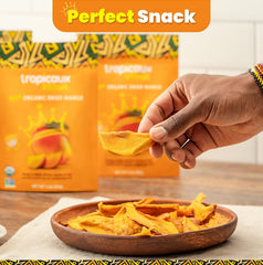 Tropicaux Reign Organic Dried Mango Slices served in bowl, a versatile snack option