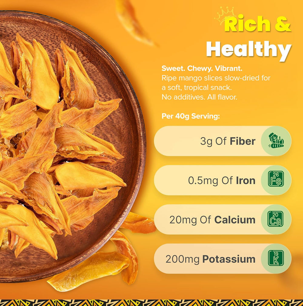 Tropicaux Reign Organic Dried Mango Slices no sugar added label close-up emphasizes purity