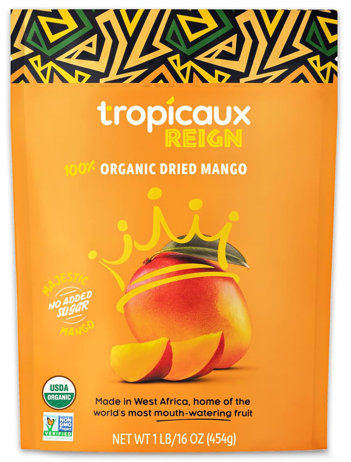 Tropicaux Reign Organic Dried Mango Slices bag front, no sugar added snack ready to enjoy