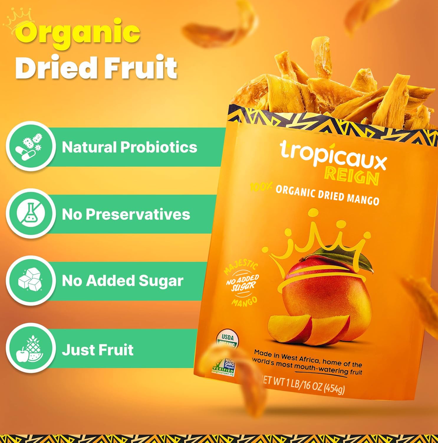 Tropicaux Reign Organic Dried Mango Slices close-up texture showing chewy, flavorful fruit