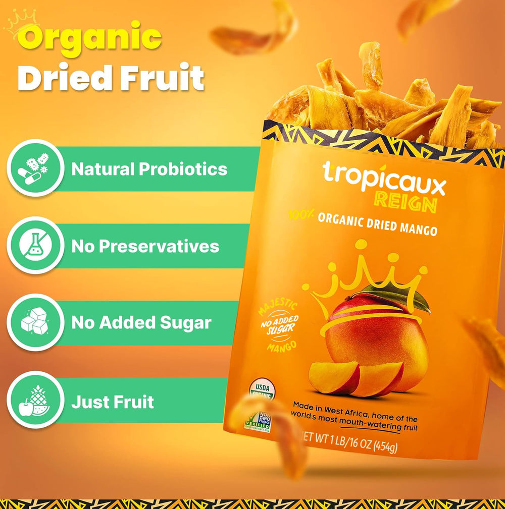 Tropicaux Reign Organic Dried Mango Slices close-up texture showing chewy, flavorful fruit