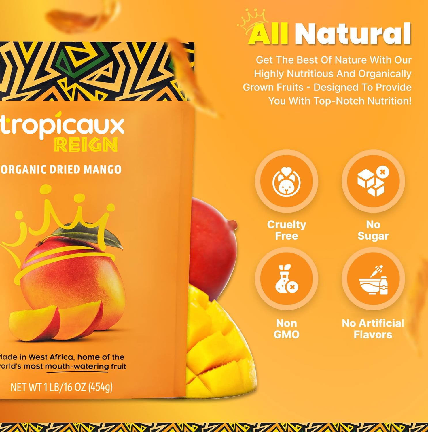 Tropicaux Reign Organic Dried Mango Slices sustainably sourced West Africa farm image highlighting ethics