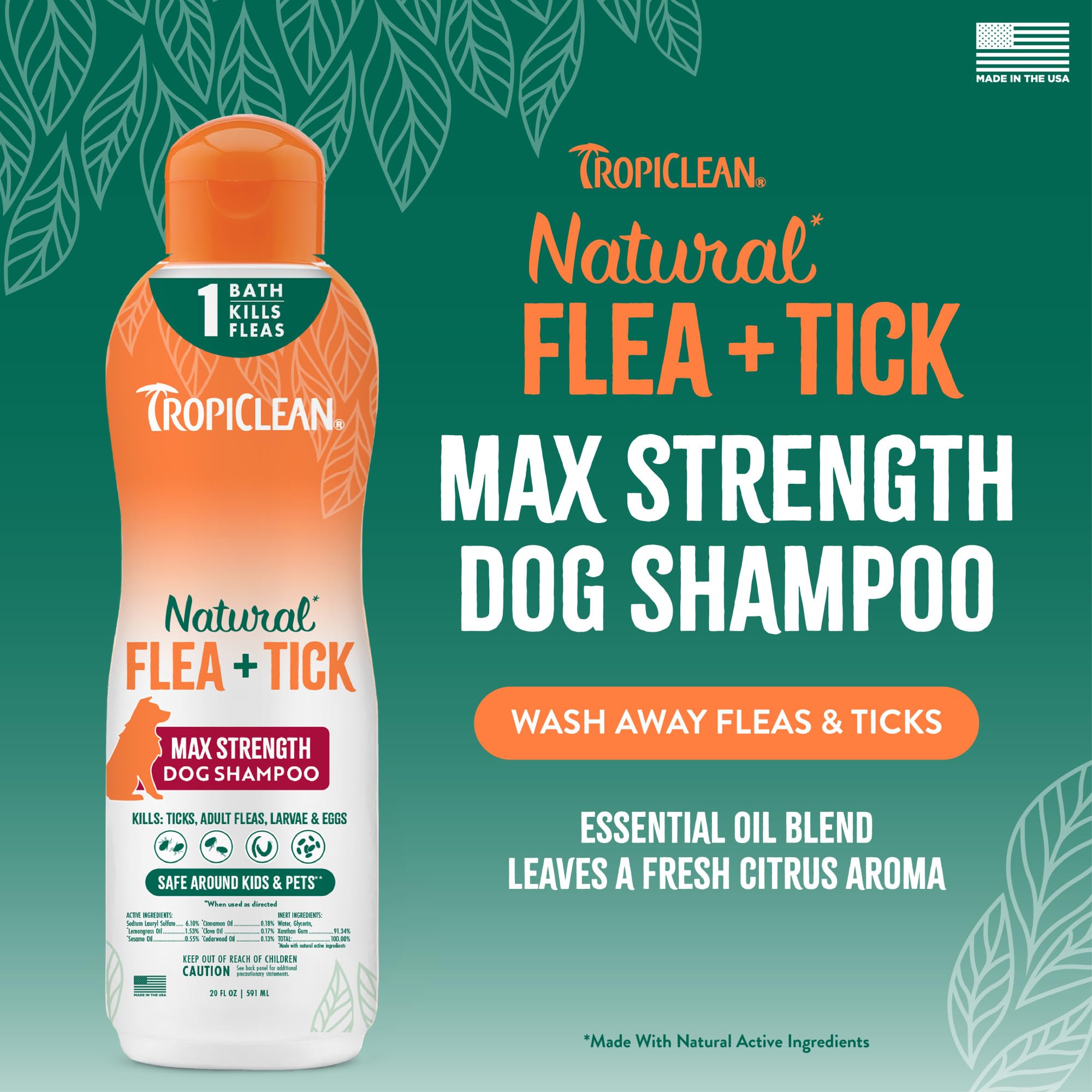 TropiClean flea and tick shampoo for dogs emphasizes natural ingredients for pet safety.