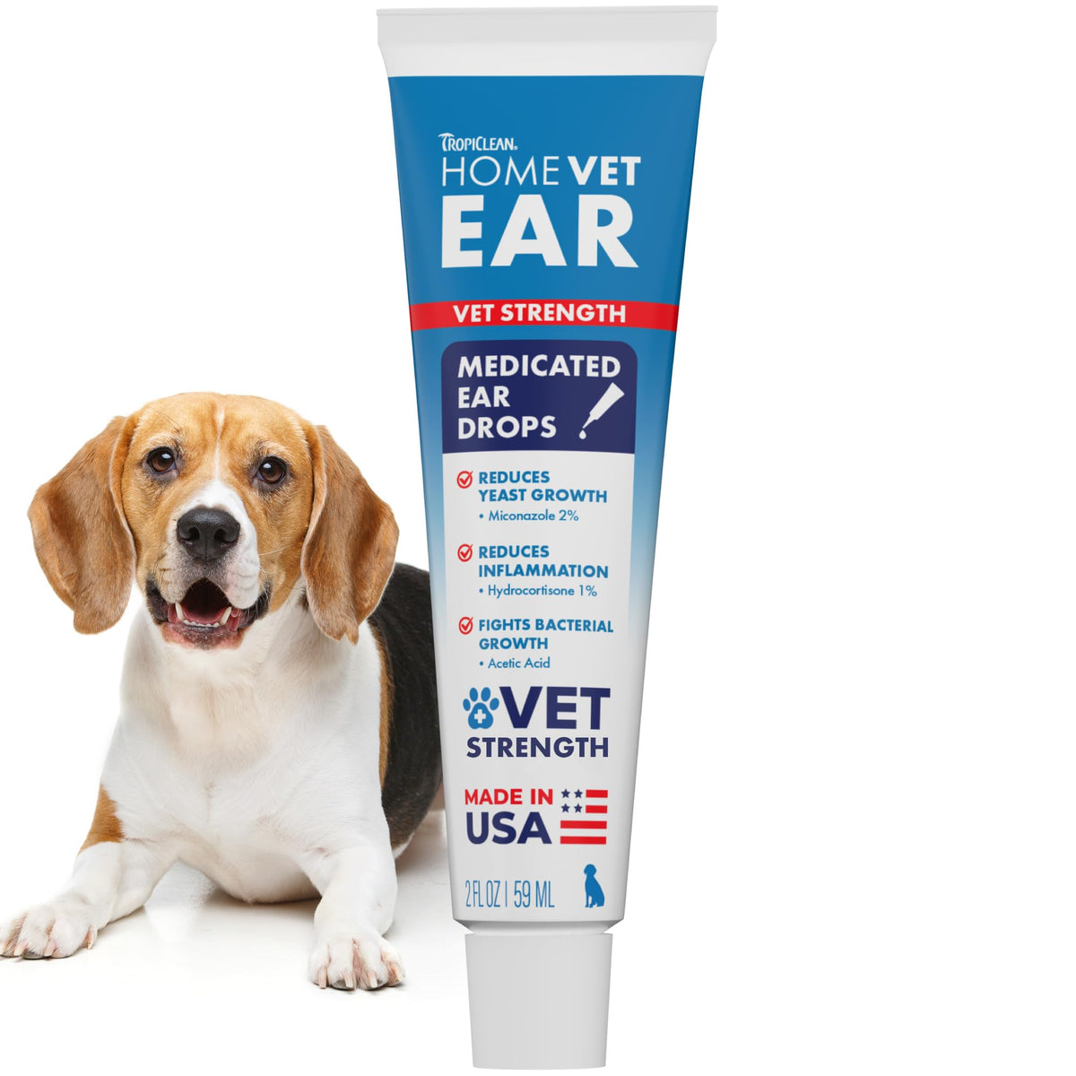 TropiClean HomeVet ear drops bottle shown for daily dog ear care.