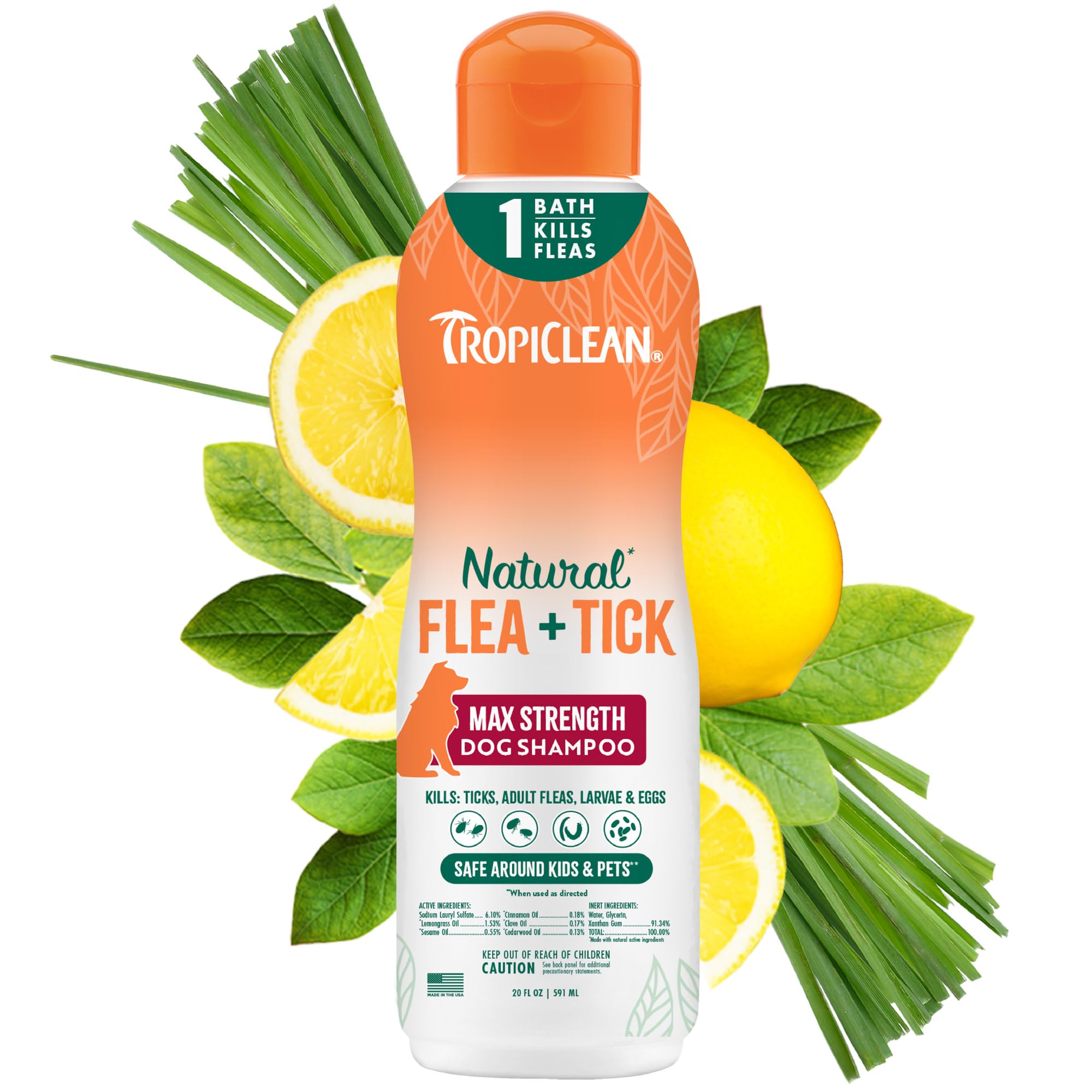 TropiClean max strength shampoo for dogs being poured, ready for a refreshing bath.