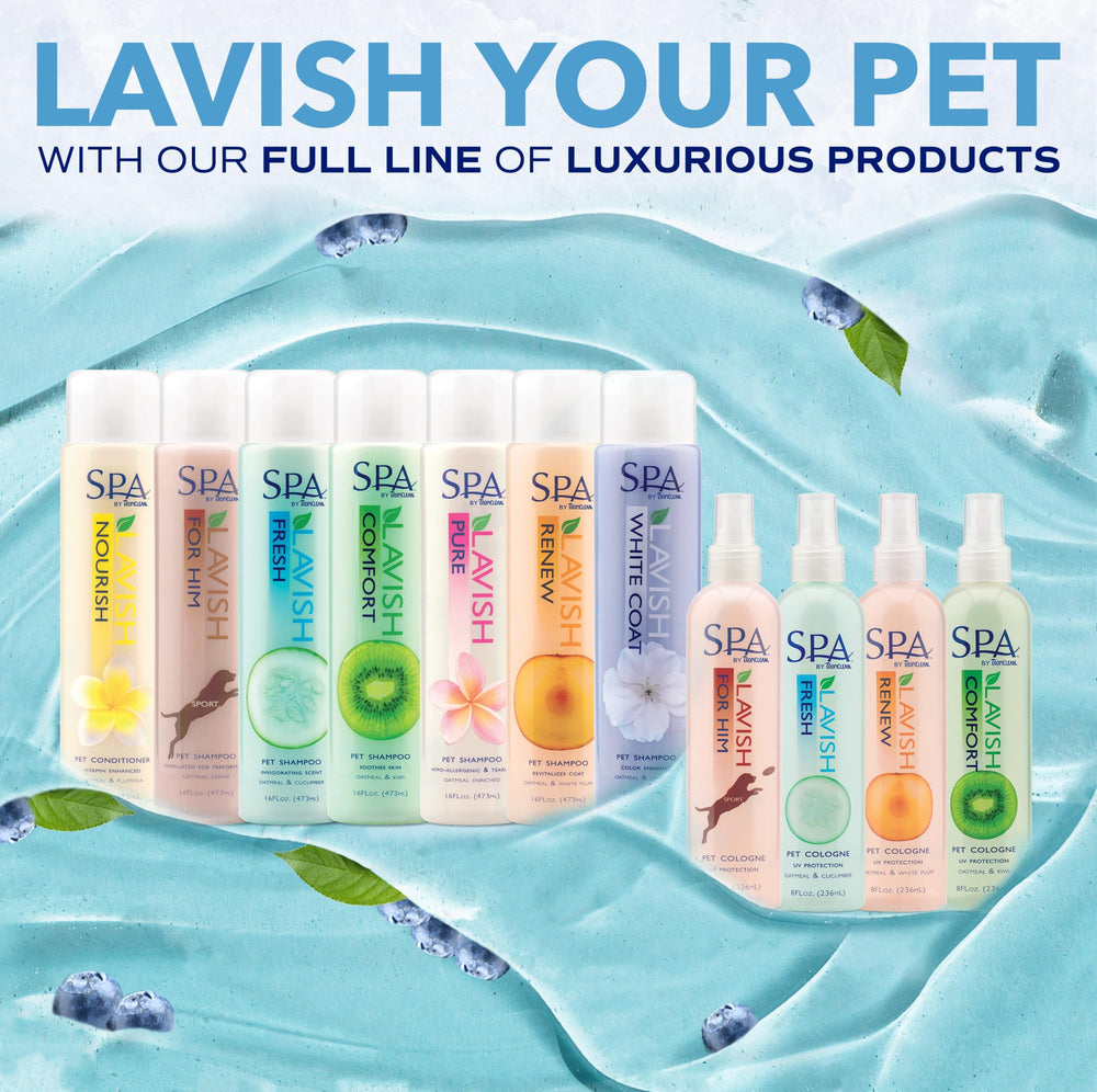 TropiClean SPA dog grooming setup with towel and brush