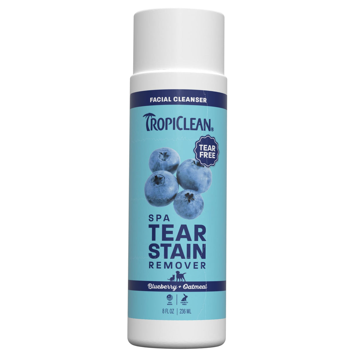 TropiClean SPA tear stain remover bottle close-up showing potential stain reduction