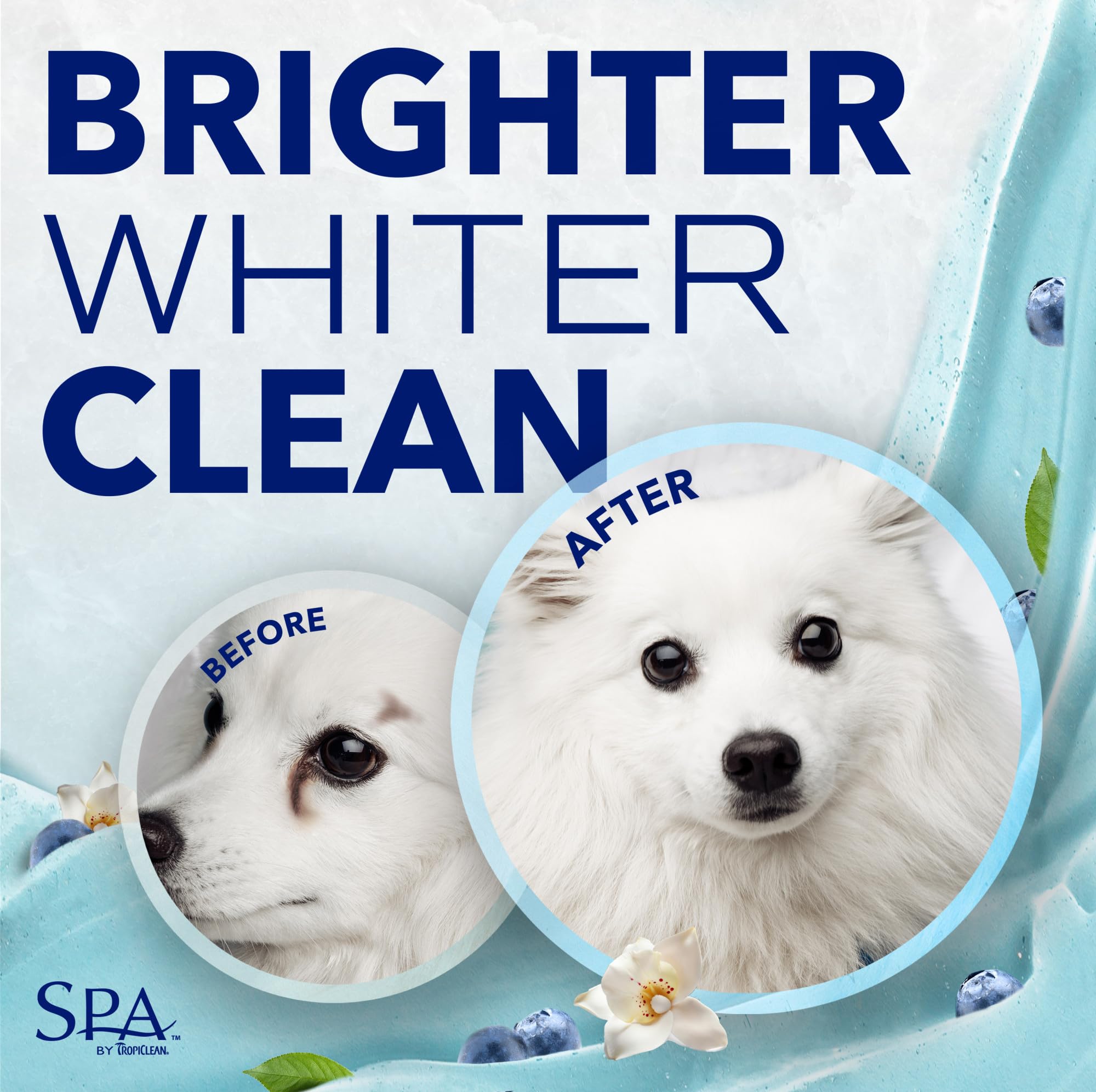 TropiClean SPA tear stain remover applied to dog coat for brighter white fur