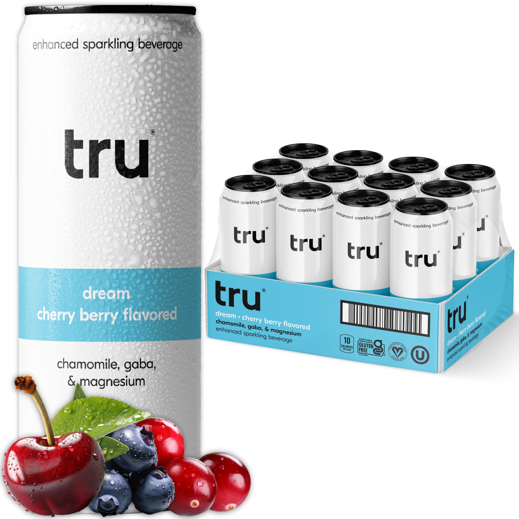 Tru Calming Drink Cherry Berry bottle highlights magnesium glycinate.