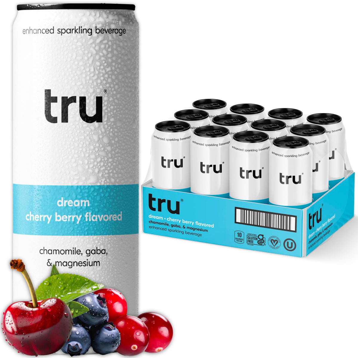 Tru Calming Drink Cherry Berry bottle highlights magnesium glycinate.